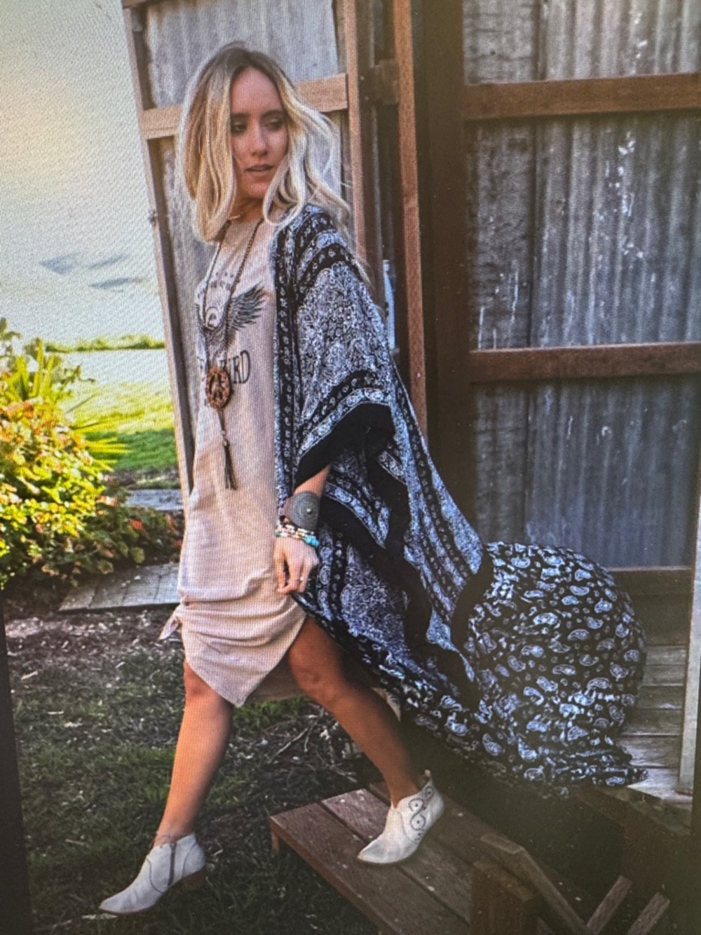 Three Bird Nest Black & White Paisley Kimono Duster one size - Picture 3 of 16
